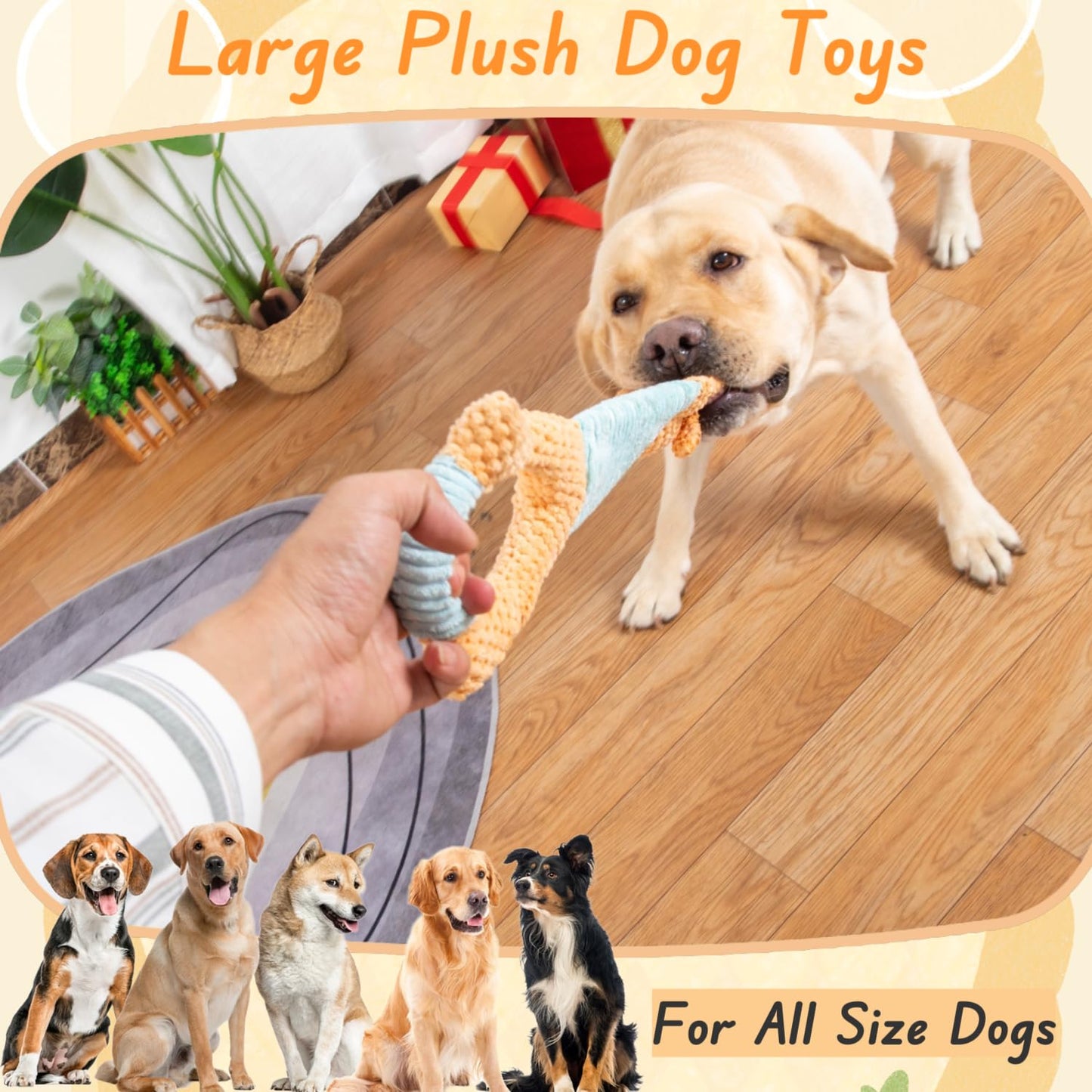 Interactive Large Dog Toys, Squeaky Tug of War Dog Toy with Crinkle, Tough Dog Chew Toys to Keep Them Busy, Plush Dog Teething Toys for Small Medium Large Breed (Duck)