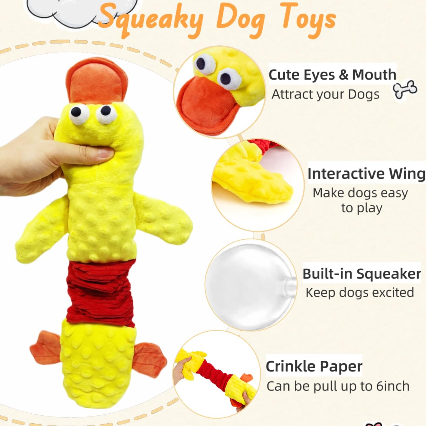 Interactive Large Dog Toys, Squeaky Tug of War Dog Toy with Crinkle, Tough Dog Chew Toys to Keep Them Busy, Plush Dog Teething Toys for Small Medium Large Breed (Duck)