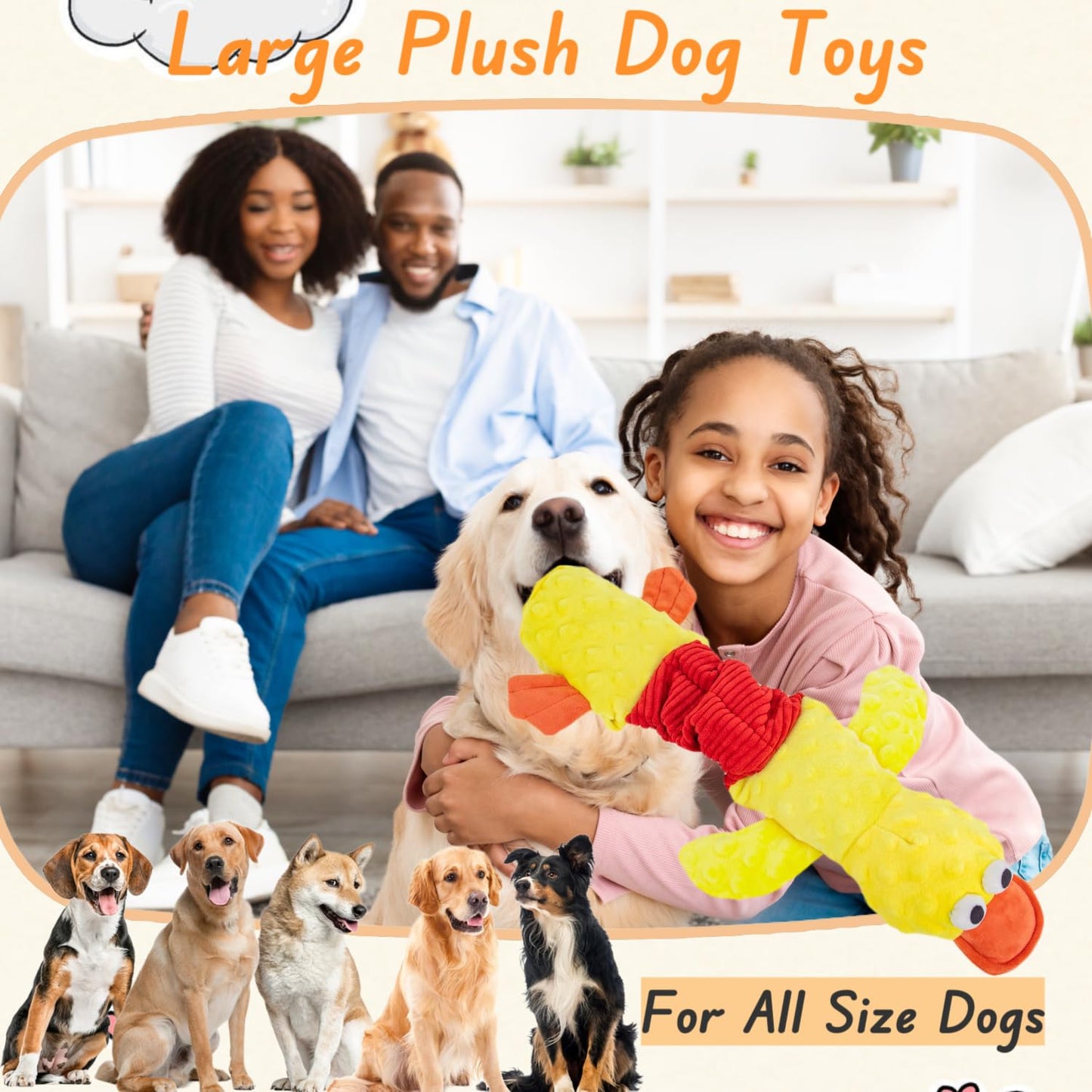 Interactive Large Dog Toys, Squeaky Tug of War Dog Toy with Crinkle, Tough Dog Chew Toys to Keep Them Busy, Plush Dog Teething Toys for Small Medium Large Breed (Duck)